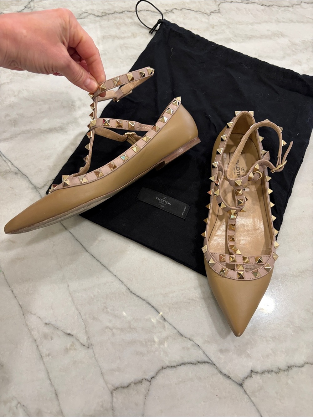 Valentino Beige Rockstud Pointed-Toe Ballet Flats SZ 36.5